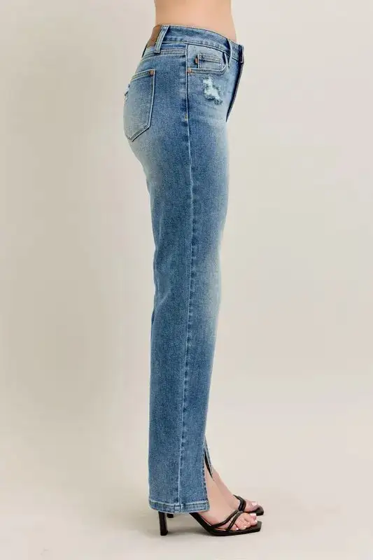 High-Waist Distressed Vintage-Wash Front-Seam Straight Leg Jeans