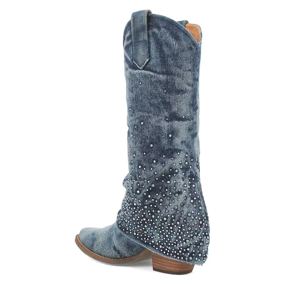 Denim Rhinestone Chunky-Heel Platform Western Boots