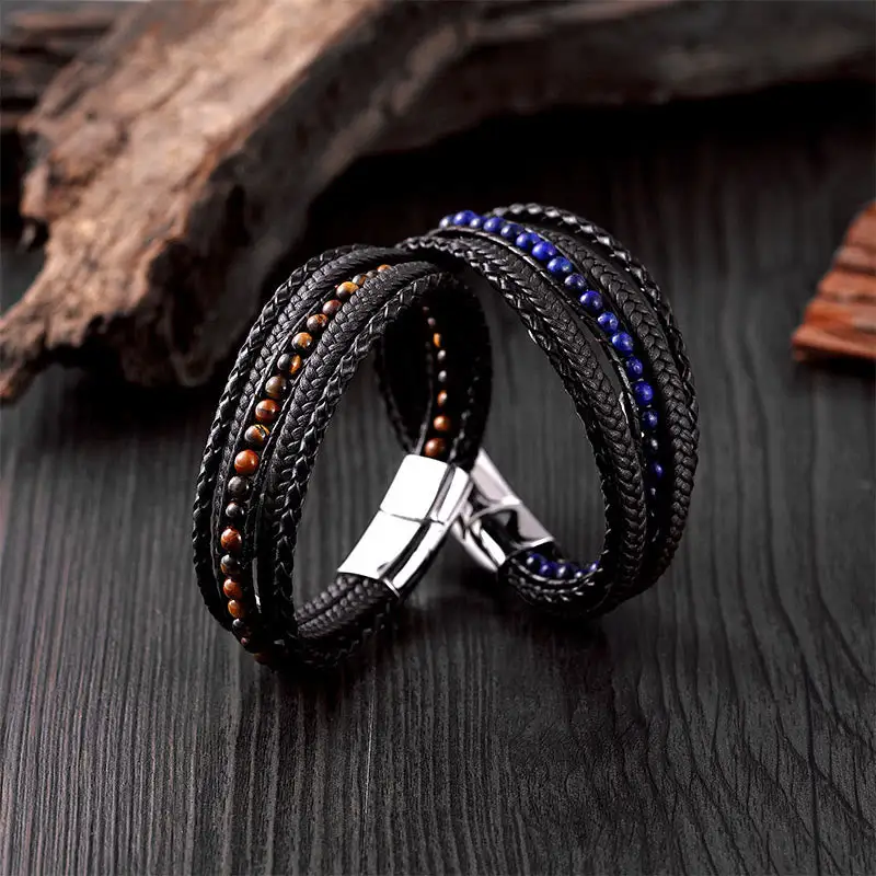 Hematite Agate Tiger Eye Amazonite Beaded Leather Bracelet
