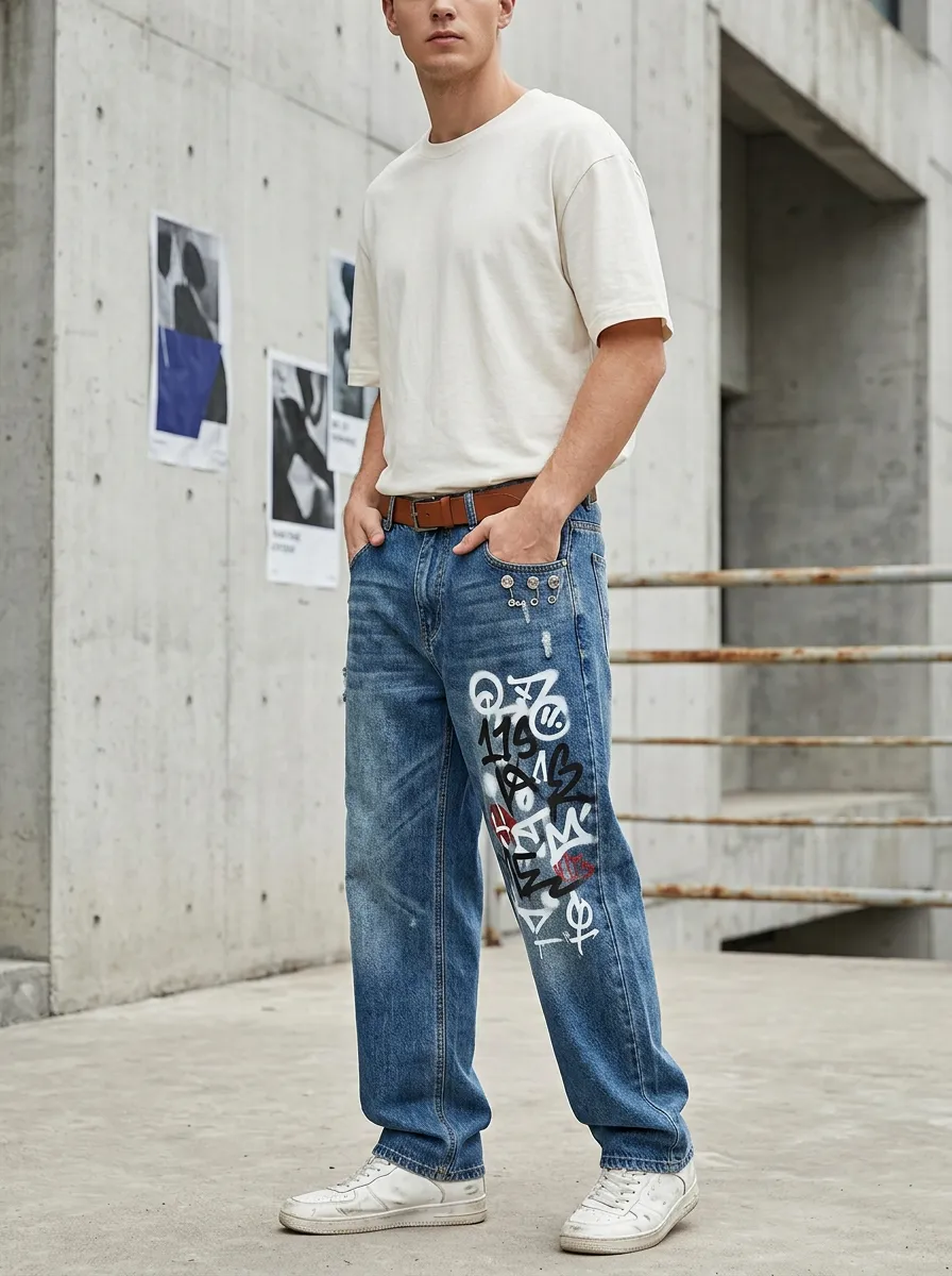 Unisex Streetwear Graffiti Distressed Jeans