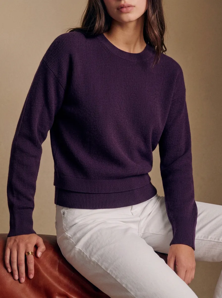 Women's Solid Purple Ribbed Knit Crewneck Sweater