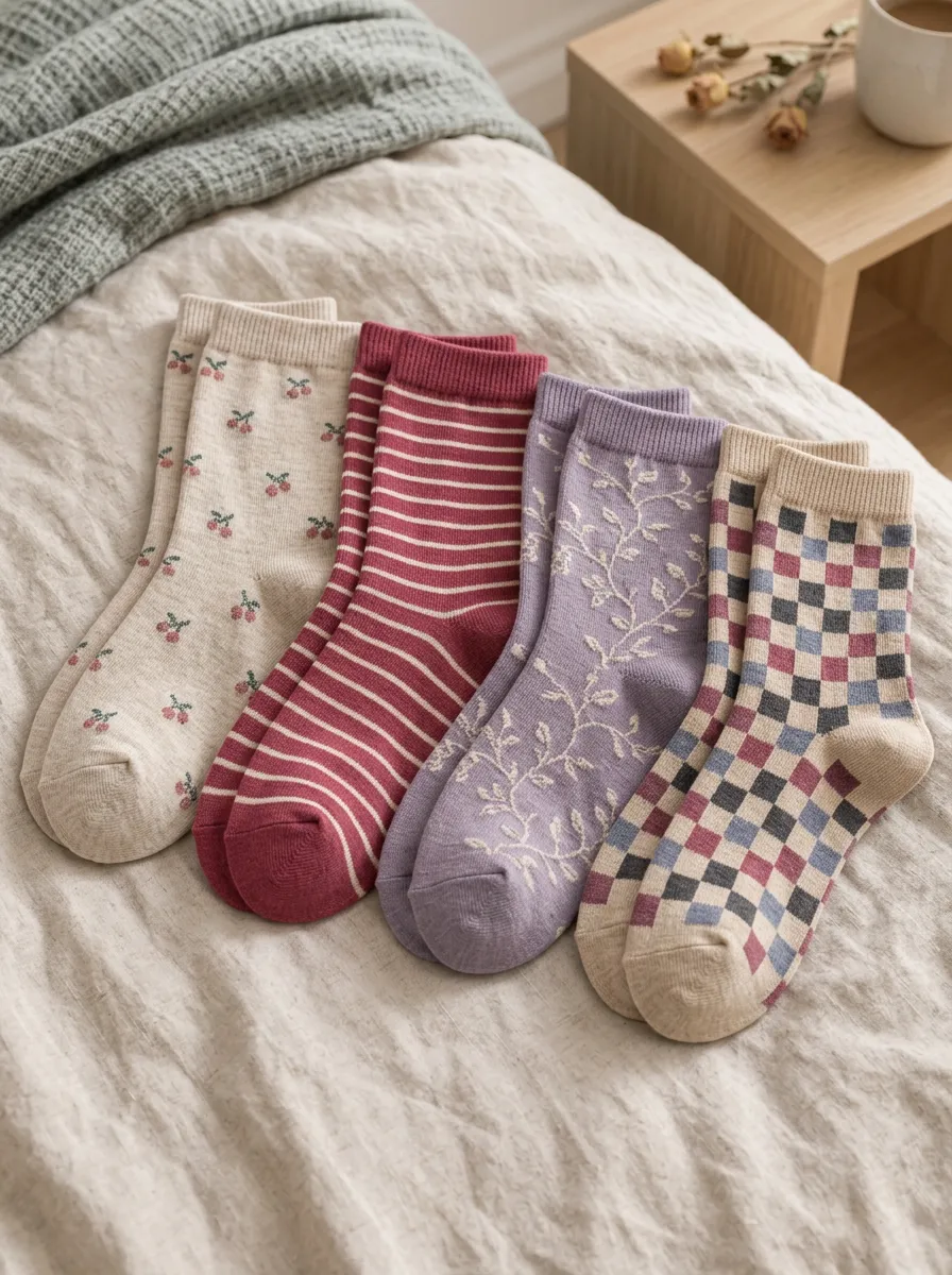 Women's Vintage Aesthetic Cherry Striped Floral Checkered Printed Socks 4-Pack