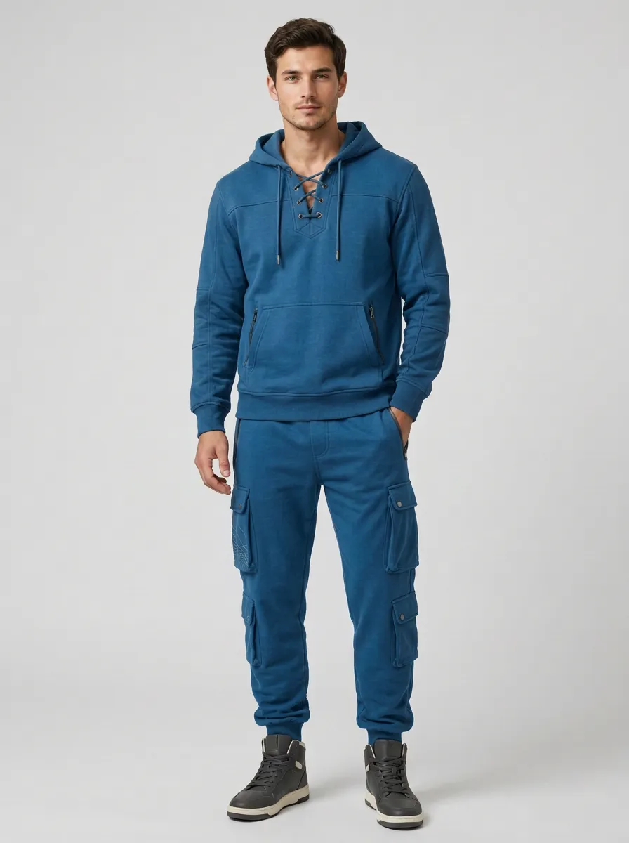 Functional Lace-Up Multi Pocket Design Men's Lace Up Hoodie And Cargo Jogger Set