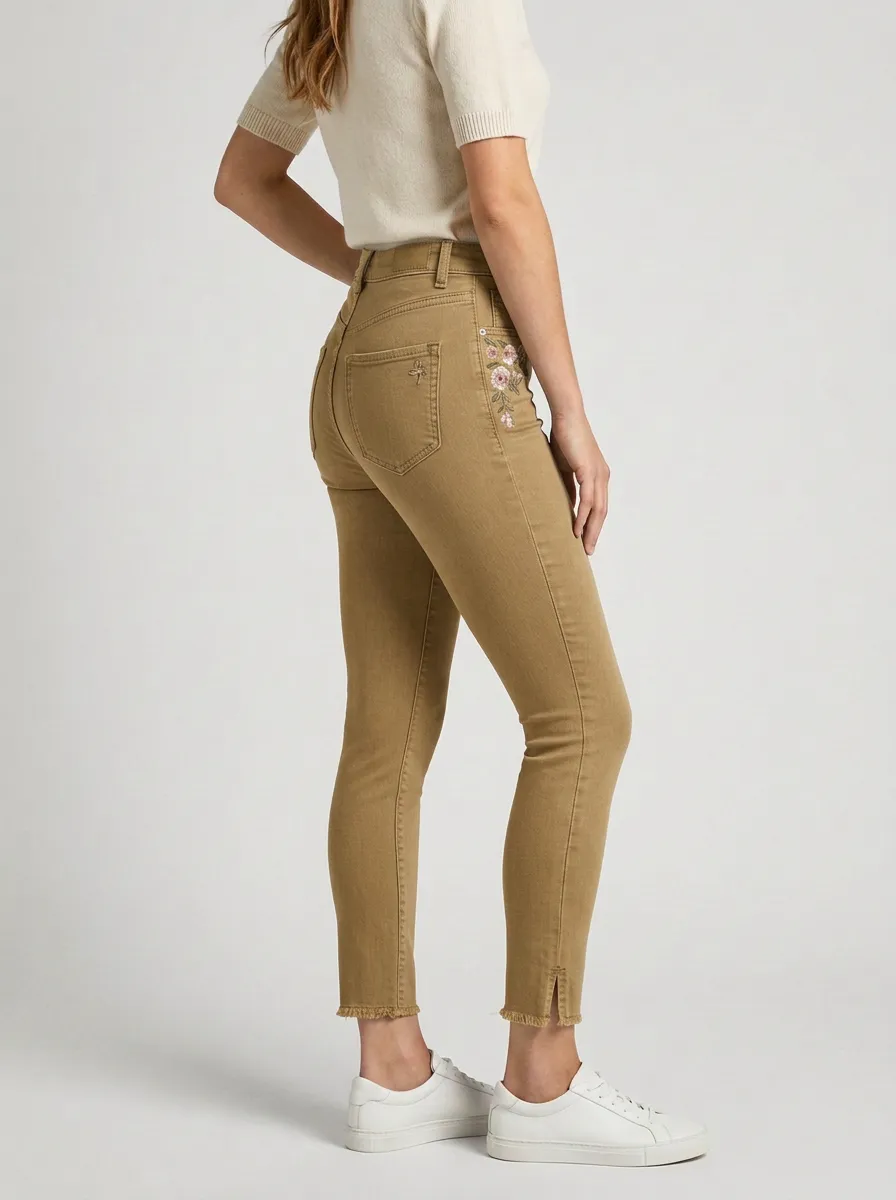Women's Floral Embroidery Raw Hem Printed Slim Jeans