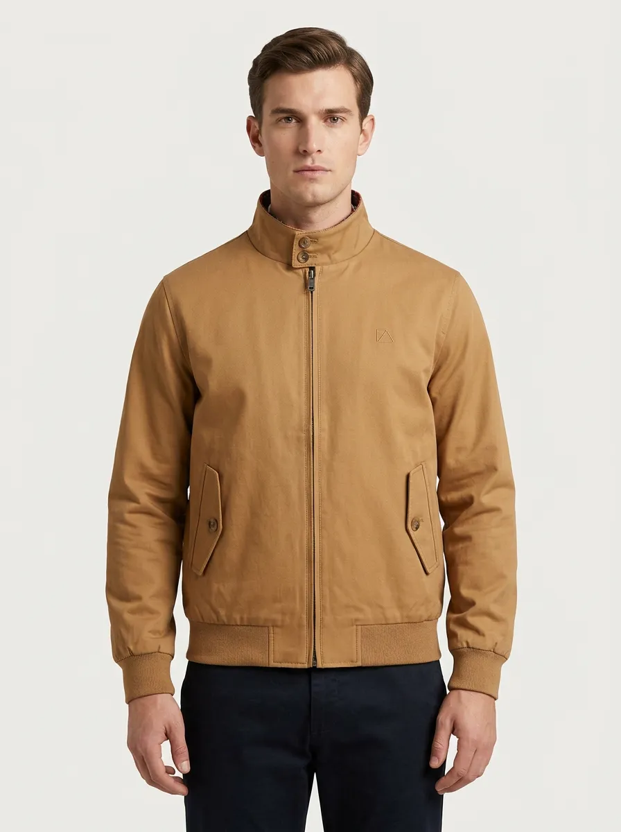 Men's Casual Minimalist Tan Stand Collar Zip-Up Jacket
