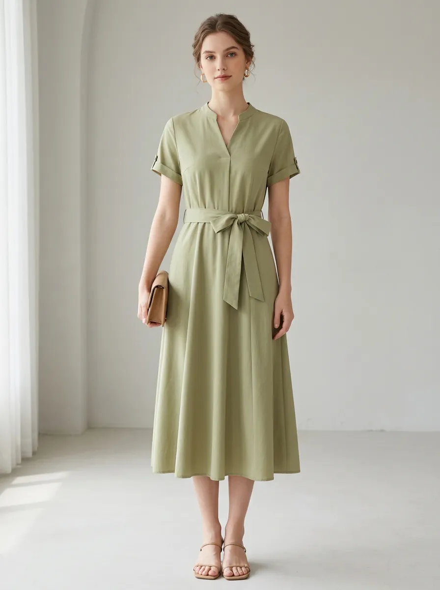 Women's Sage Green V-Neck Belted Short Sleeve Midi Dress