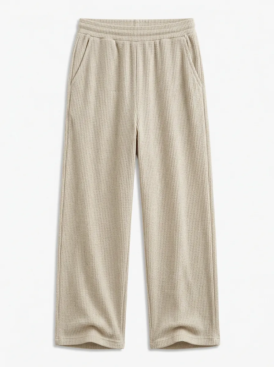 Casual Beige Waffle Knit Elastic Waist Lounge Pants for Unisex Wear