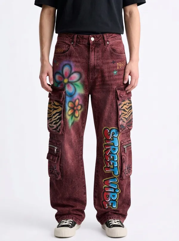 Men's Graffiti Floral Tiger Print Graphic Cargo Jeans
