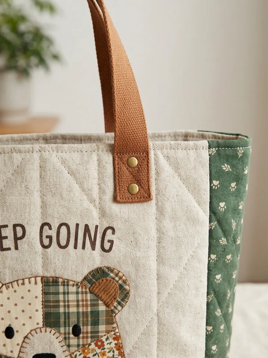 Bear Lover Keep Going Patchwork Quilted Tote Bag