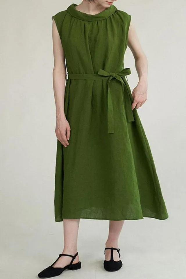 Linen Lapel Collar Sleeveless Midi Dress