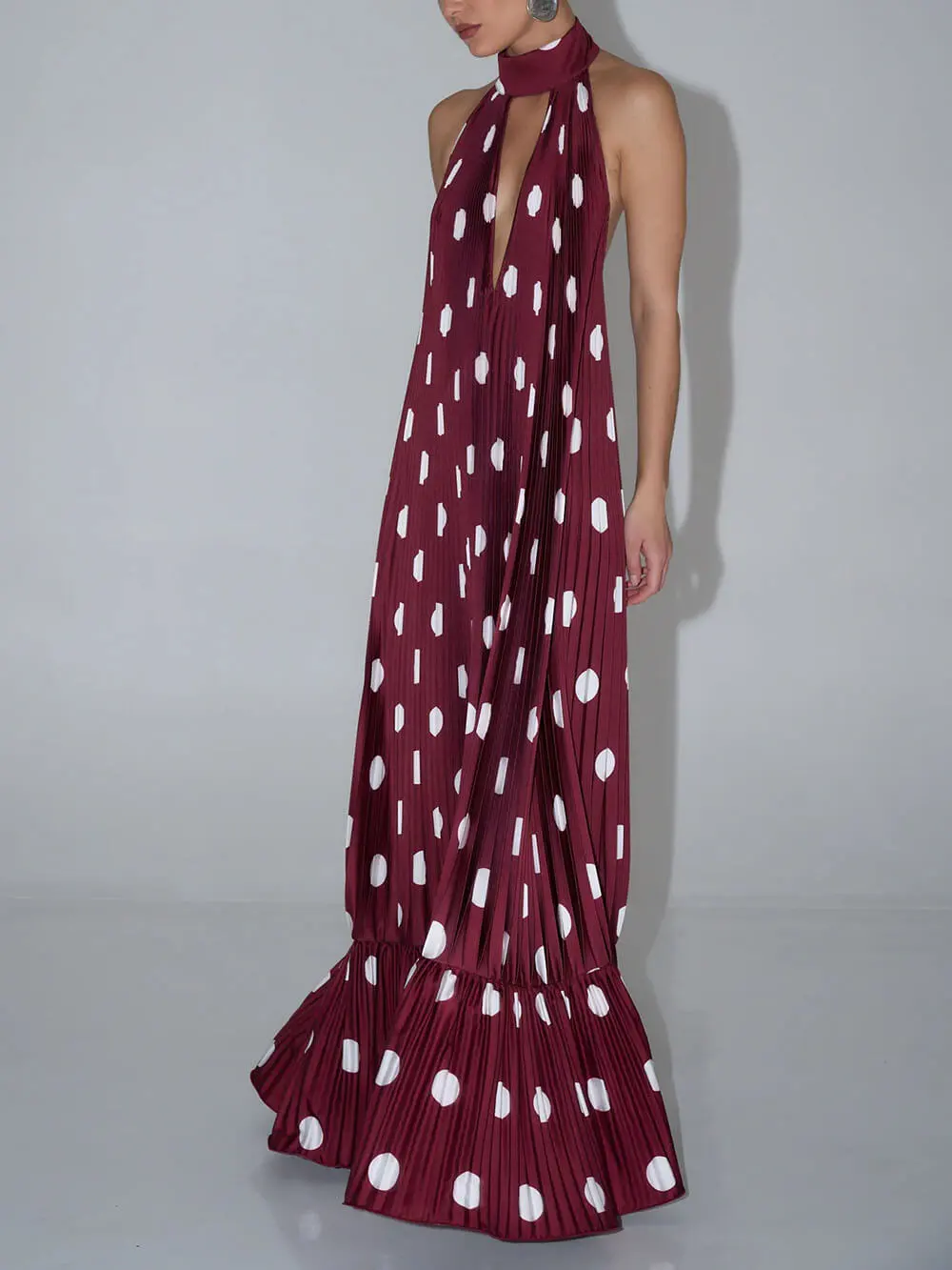 Polka Dot Backless Halter Maxi Gown