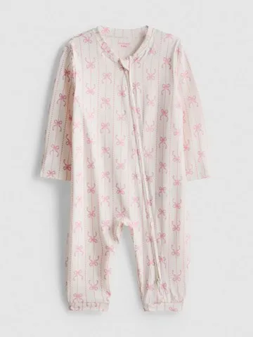 0-24mths | Bow Print Zip-Up Sleepsuit
