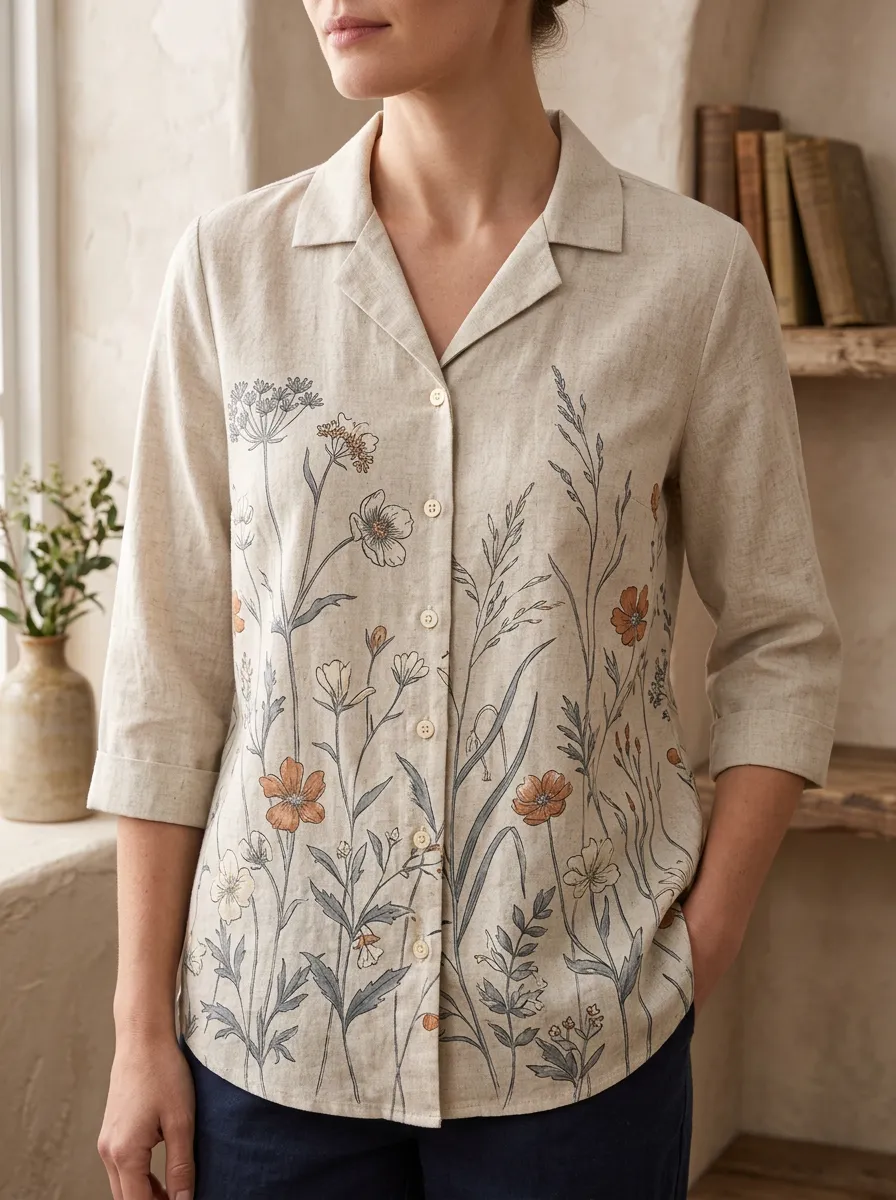 Women's Garden Botanical Wildflower Linen-Look Shirt