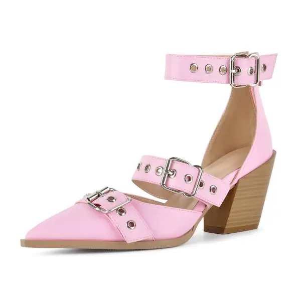 Pointed Toe Chunky Heel Ankle Strap Pumps