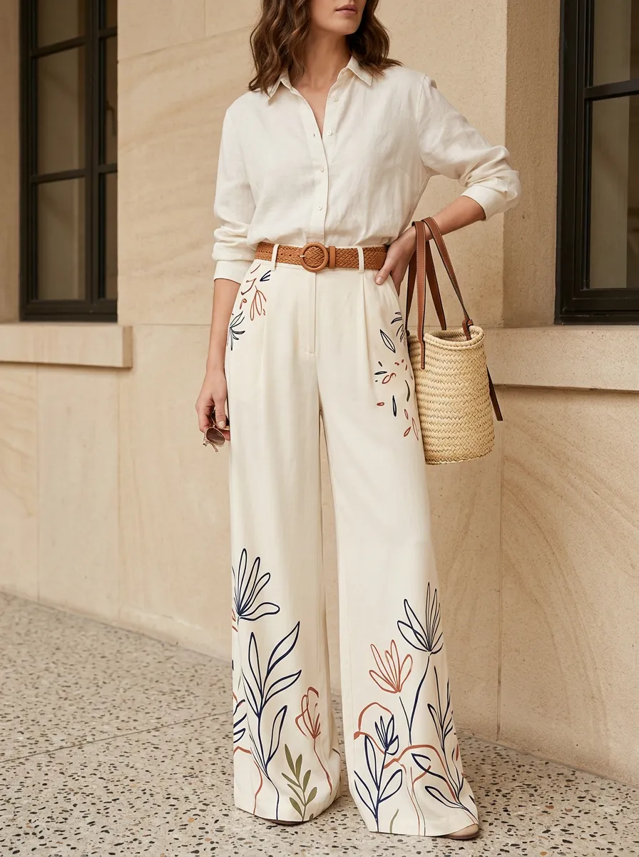 Women's Off-White Botanical Print Navy High-Waisted Wide-Leg Trousers
