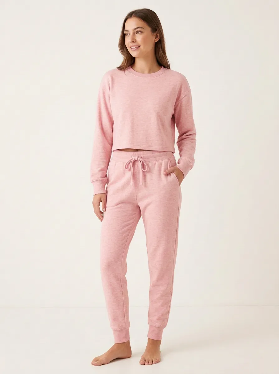 Women's Heathered Cropped Crewneck Ribbed-Cuff Jogger Set