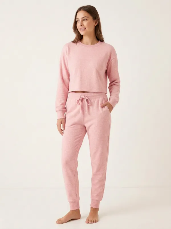 Women's Heathered Cropped Crewneck Ribbed-Cuff Jogger Set