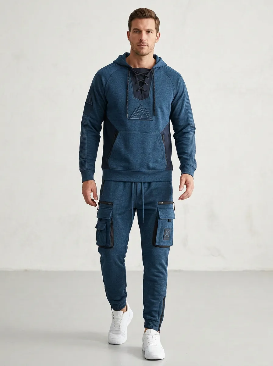 Urban Lace-Up Geometric Profile Men's Lace Up Hoodie And Cargo Jogger Set
