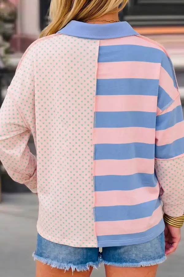 Polka Dot Polo Collar Twist Detail Cotton Blend Long Sleeve Top