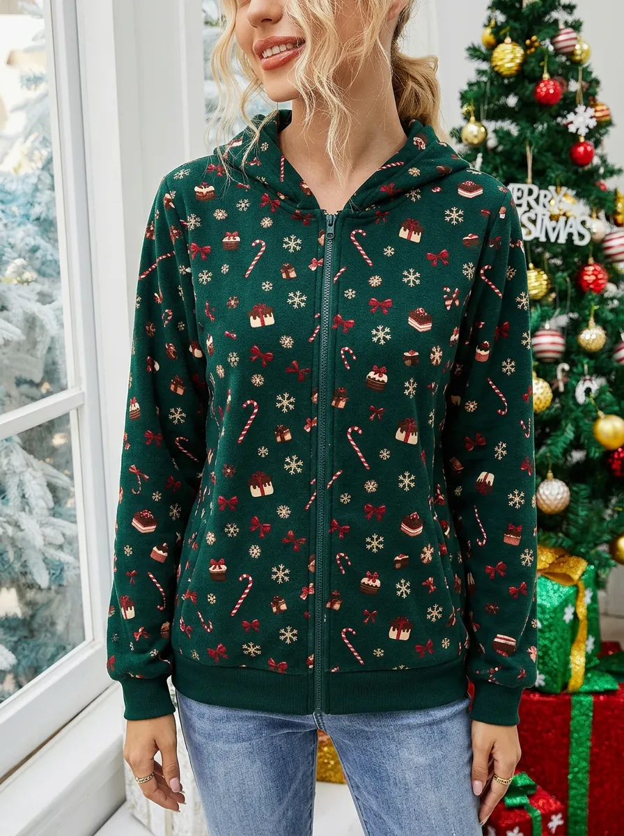 Women's Christmas Candy-Cane Snowflake Allover Zip Hoodie