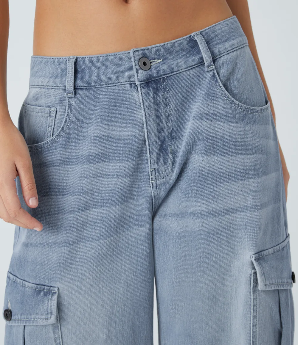 Magic Low Rise Multiple Pockets Stretchy Knit Casual Wide Leg Cargo Jeans