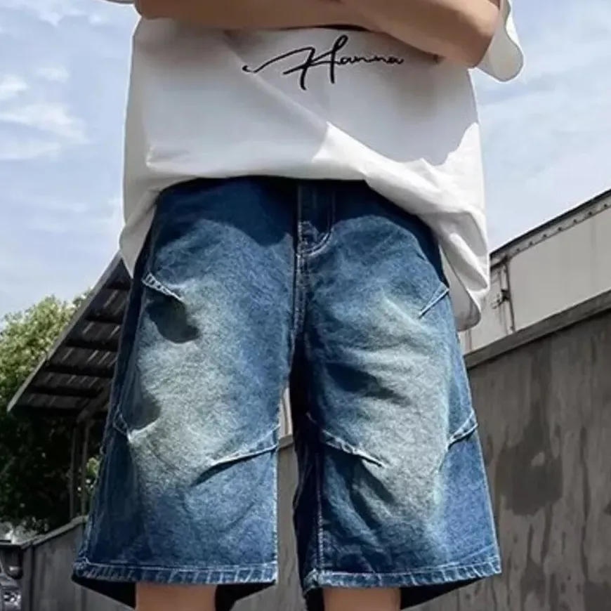 Wide Leg Pocket Detail Vintage Inspired Washed Denim Shorts