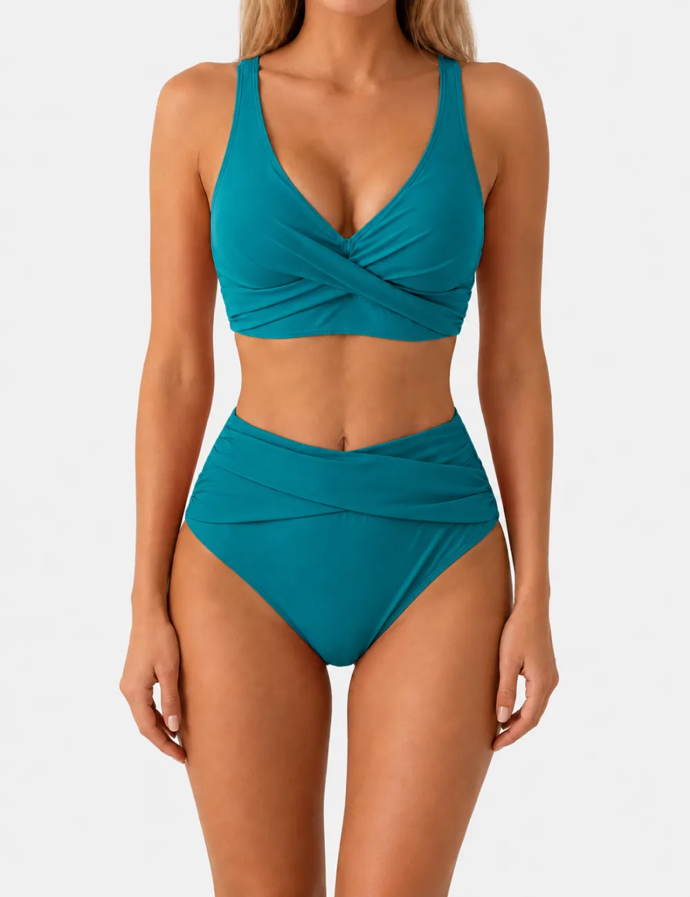 Twist Front V Neck High Waisted Bikini Set