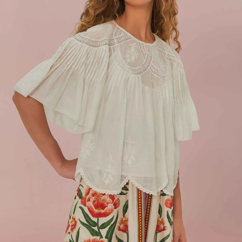 Cotton Lace-Trim Embroidered Short-Sleeve Blouse