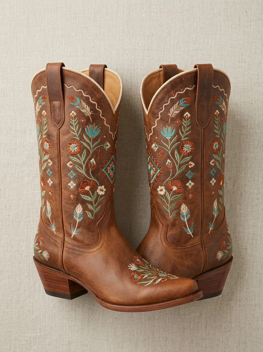 Desert Floral Feather Embroidered Rodeo Style Unisex Western Cowboy Boots