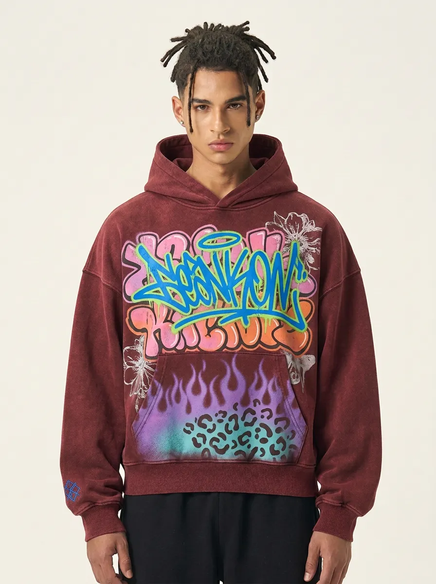 Unisex Streetwear Graffiti Flame Leopard Statement Graphic Hoodie