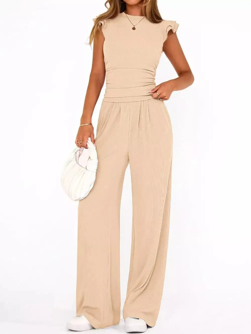 Ruffled Mock Neck Top and Wide Leg Pants Set