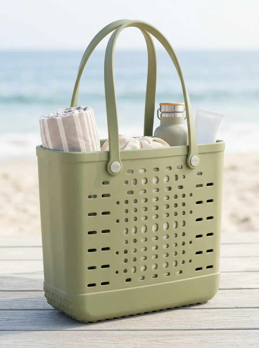 Perforated Open-Top Structured Shoulder-Strap Beach Tote Bag