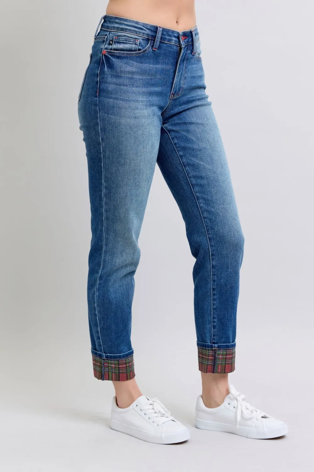 Plaid Print Cuff Straight Leg Pocket Denim Jeans