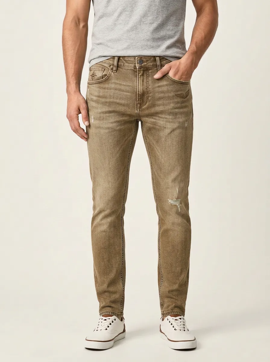 Men's Wing Embroidery Distressed Printed Slim-Fit Jeans