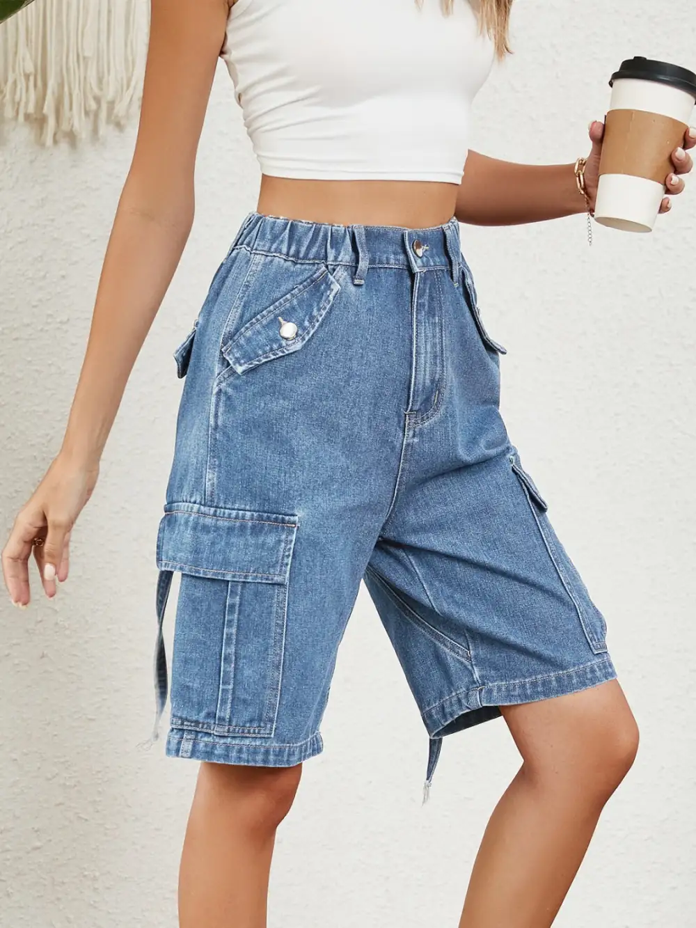 Tailored High Waist Denim Shorts with Pockets