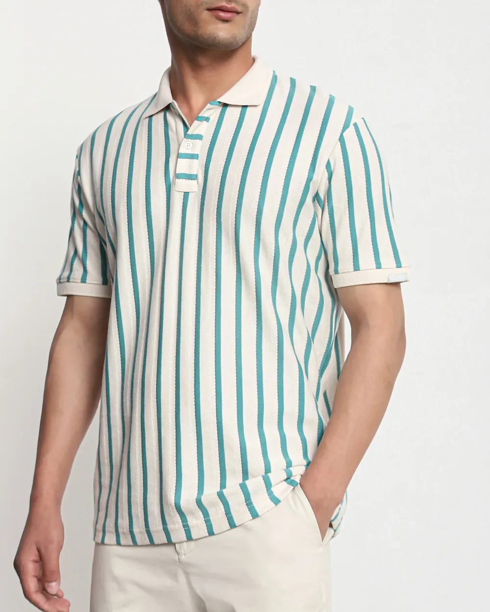 Teal Striped Textured Polo Shirt