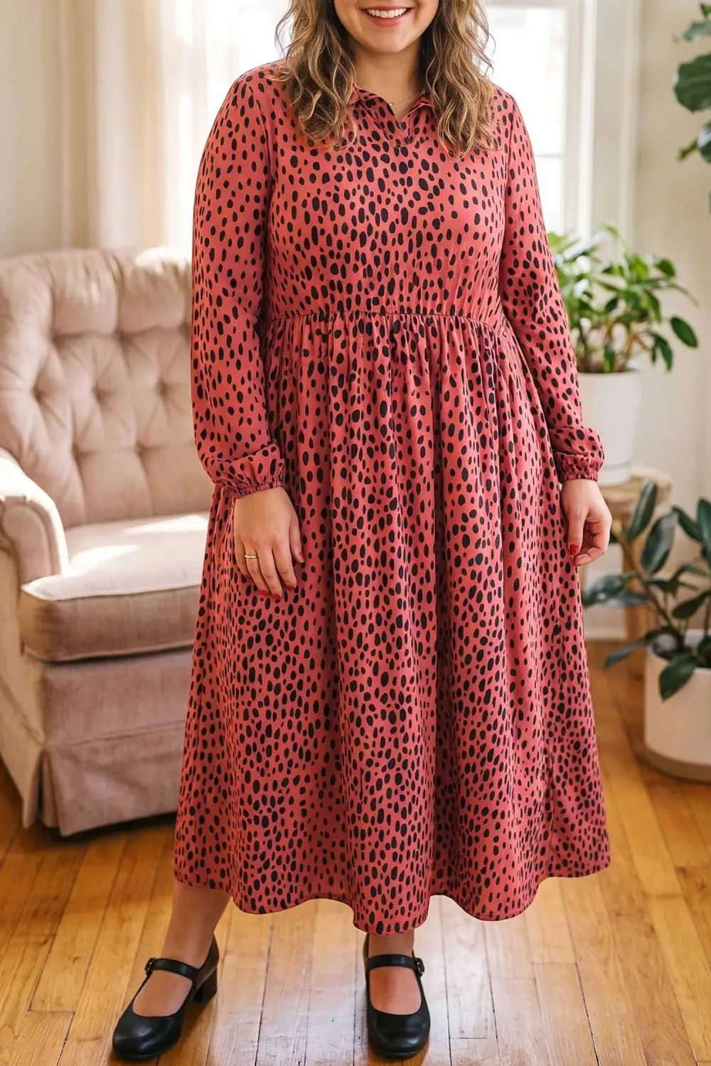 Women's Leopard Print Printed V Neck Long Sleeve Midi Dress