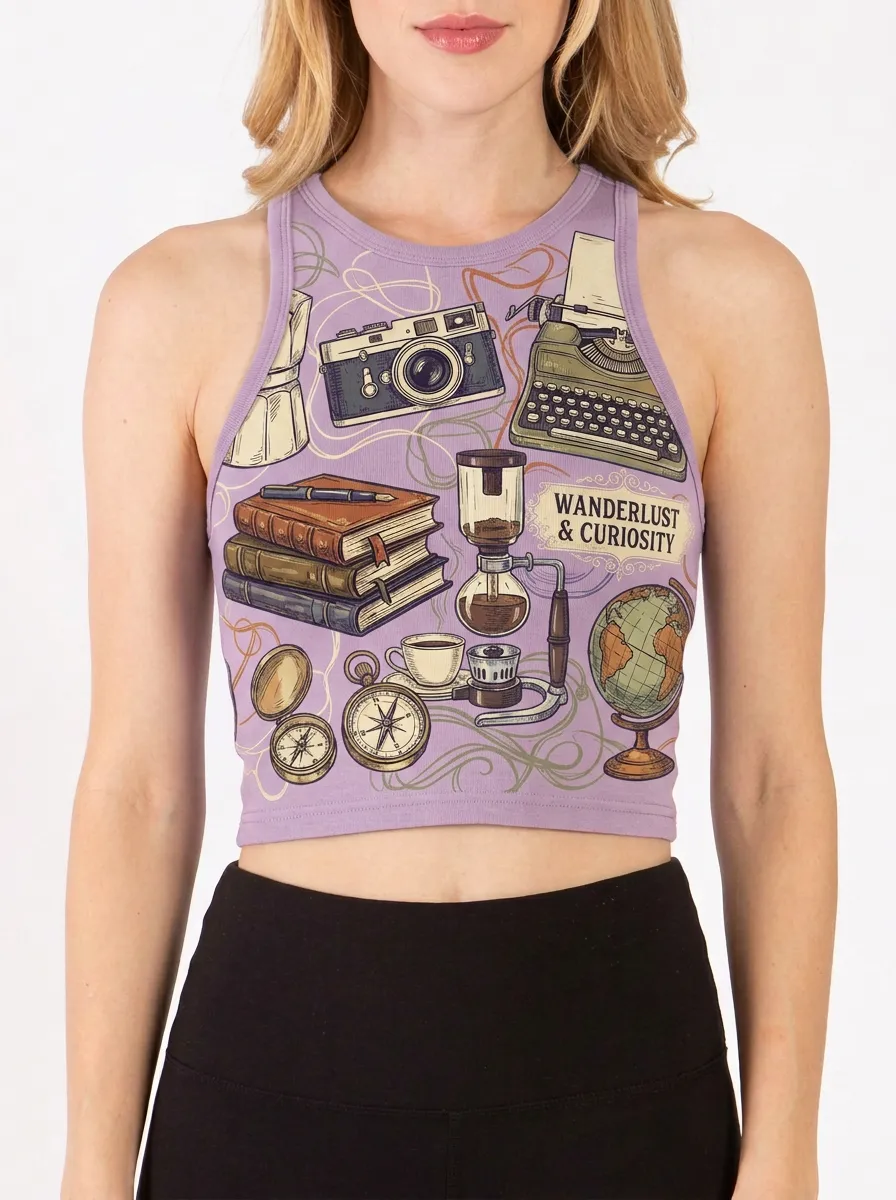 Women's Wanderlust Travel Books Camera Graphic Ribbed Crop Tank Top
