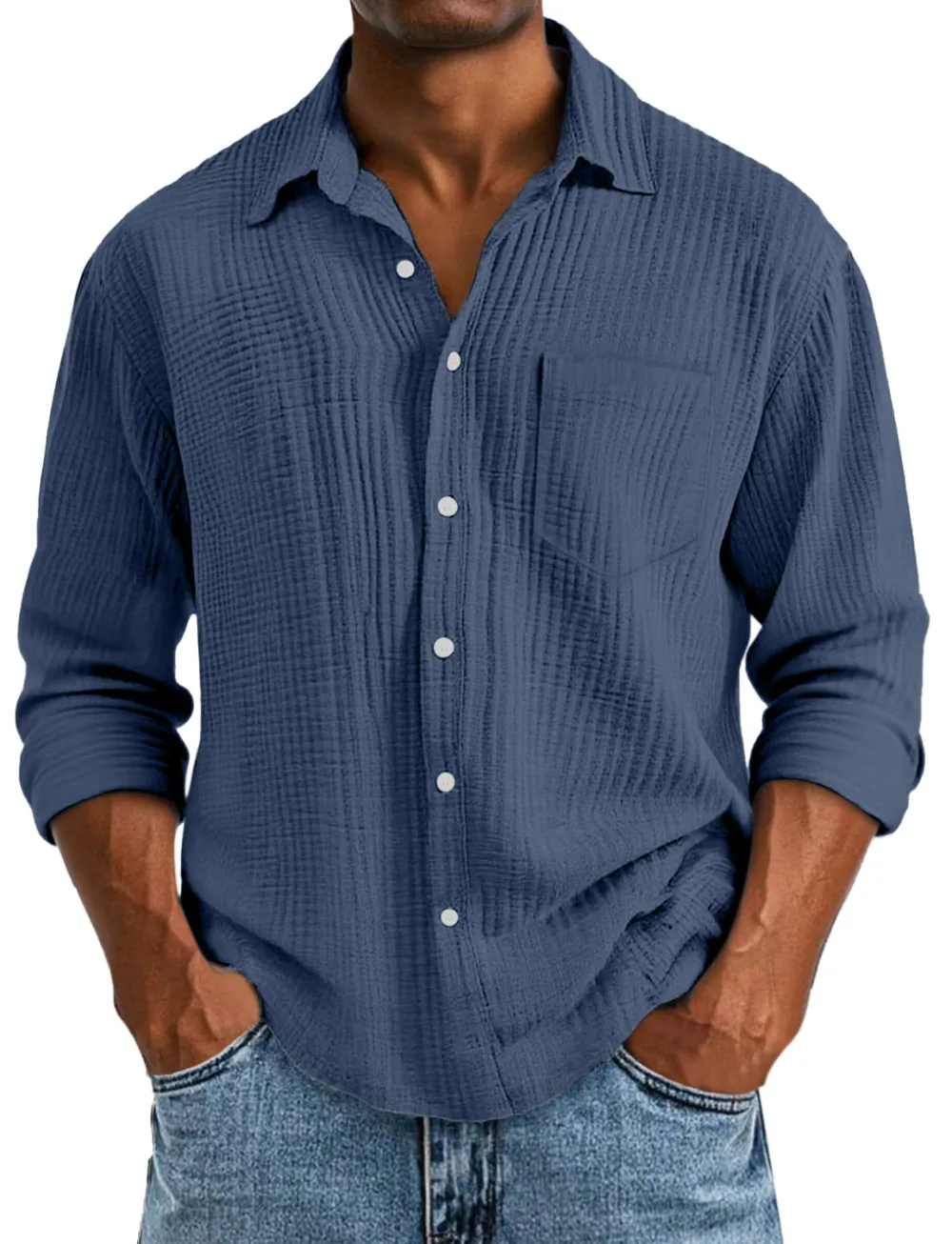 Long Sleeve Open Collar Pleated Front Shirt