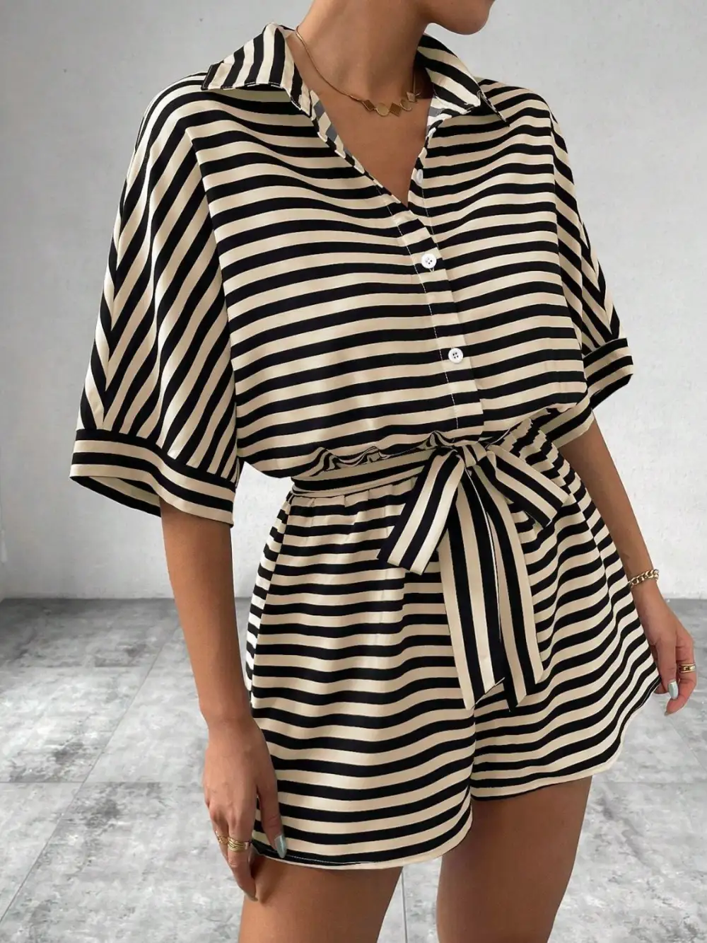 Tie Waist Half Button Romper