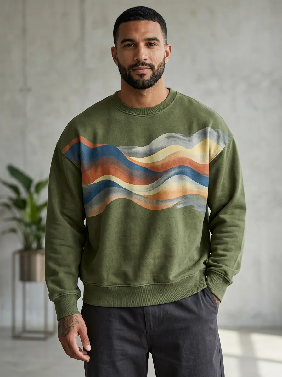 Men's Abstract Wave Pattern Printed Crewneck Sweatshirt