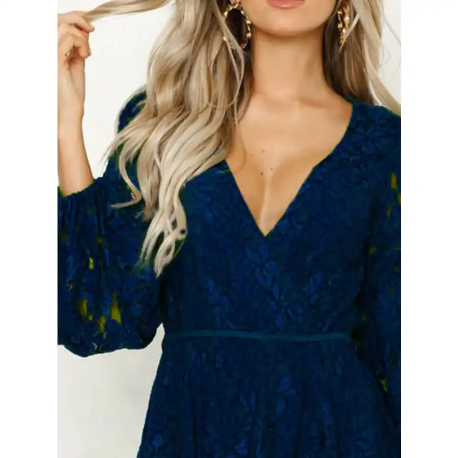 Lace V-Neck Long Sleeve Mini Dress