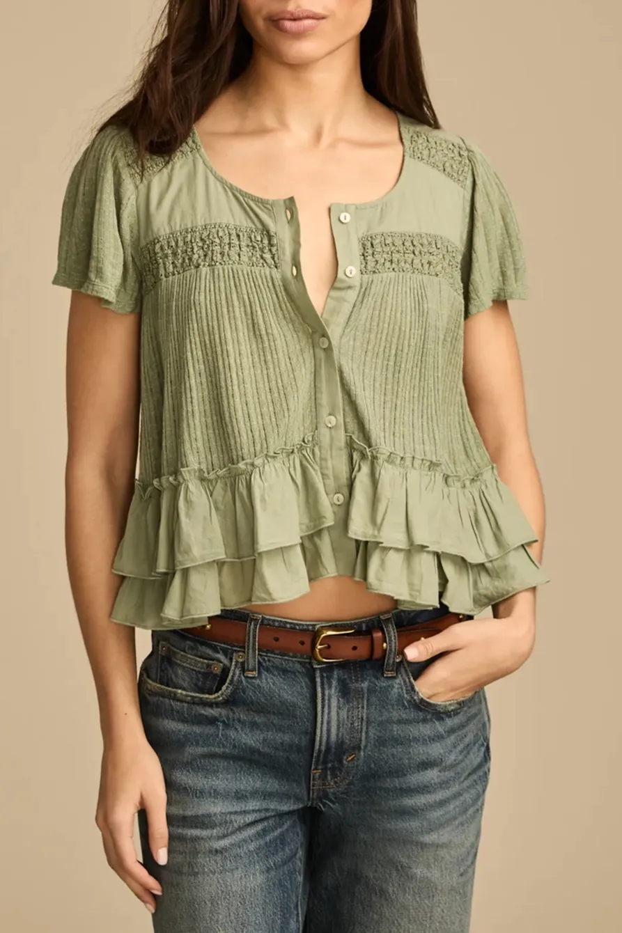 Scoop Neck Lily Pad Smocked Lace Tee