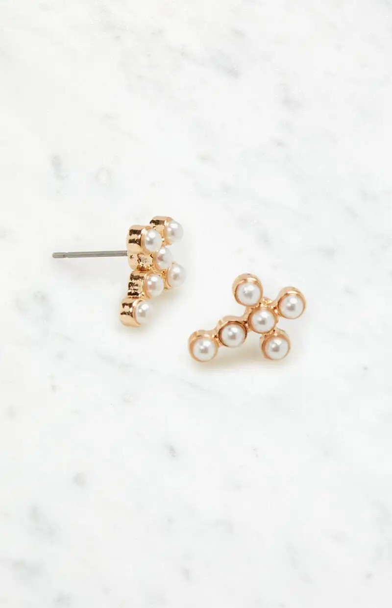 LA Hearts Mini Pearl Cross Stud Earrings