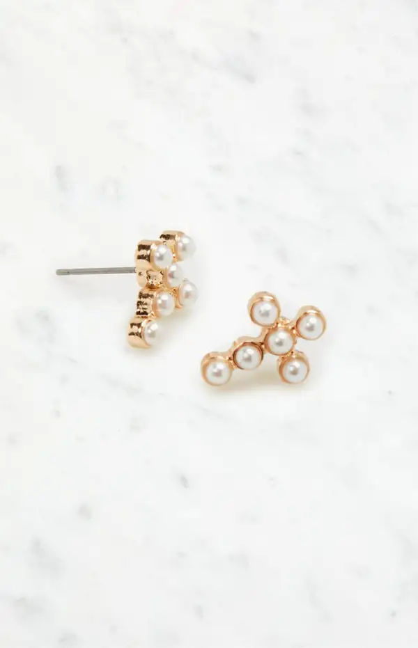 LA Hearts Mini Pearl Cross Stud Earrings