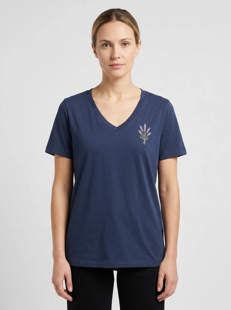 Women's Floral-Embroidered Standard-Length V-Neck T-Shirt