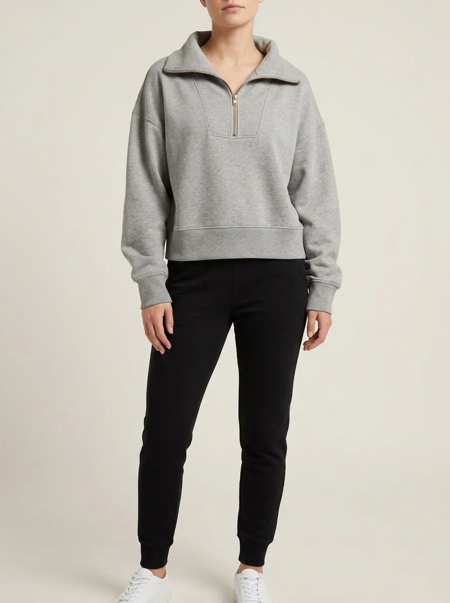 Women's Casual Minimalist Grey Quarter Zip Printed Hoodie