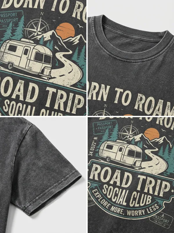 Unisex Road Trip Camper Born To Roam Printed T-shirt