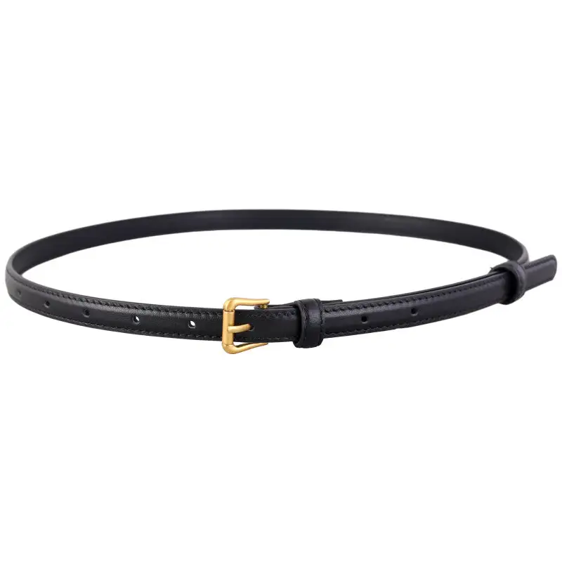 Leather Skinny Leather Belt with Golden Buckle