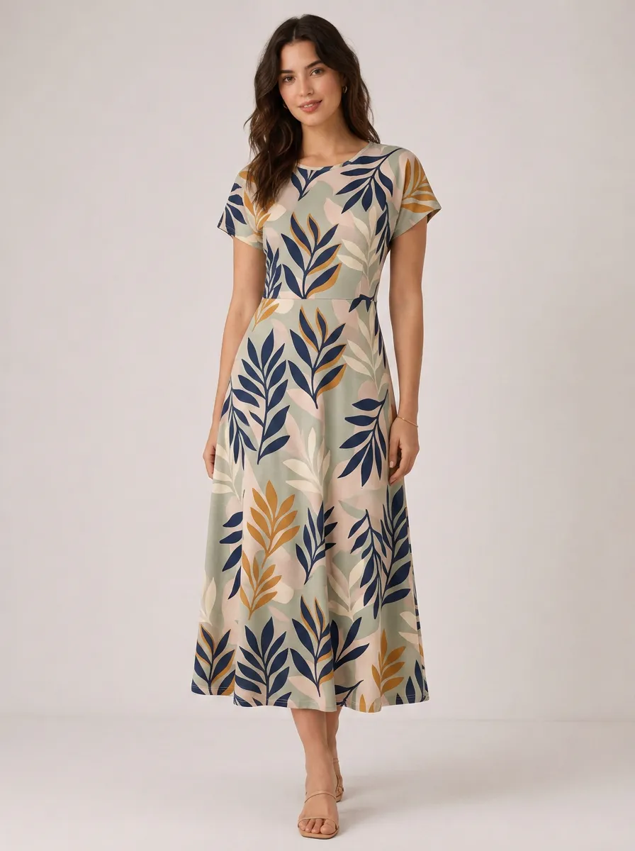 Women's Botanical Nature-Inspired Tropical Leaf Midi Dress